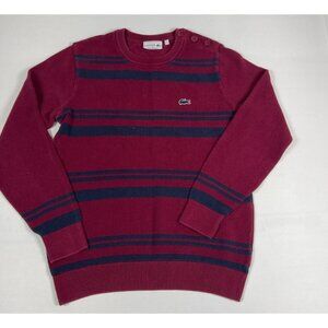 Lacoste Women 4 Medium Maroon Burgundy Navy Blue Striped V-Neck Cotton Sweater